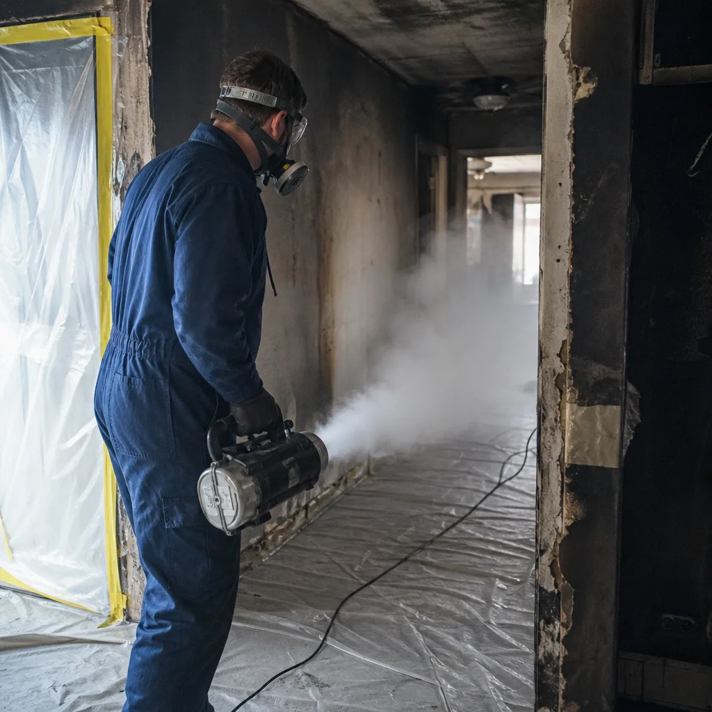 Technician performing fire damage restoration with a professional fogging machine.