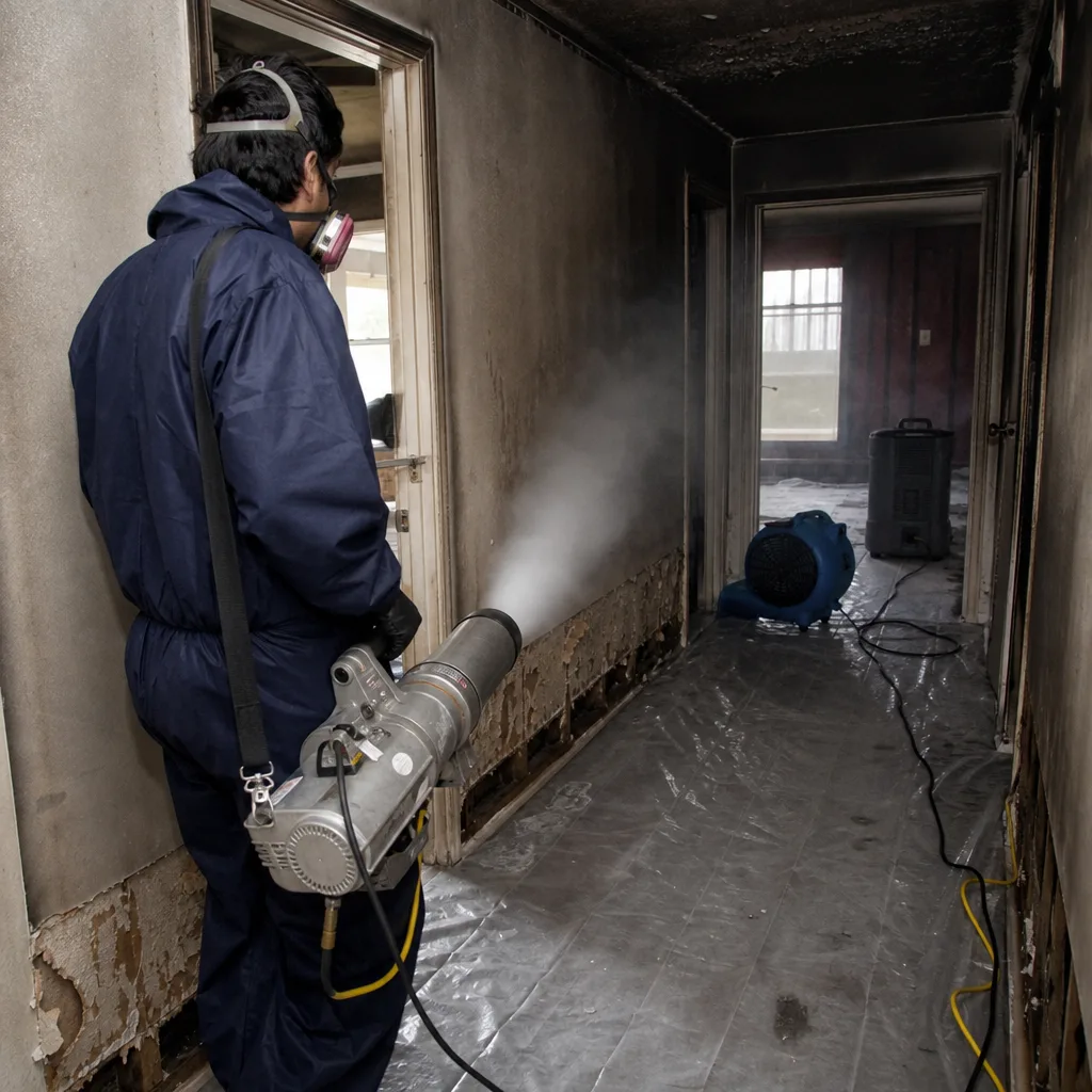 Professional fire damage restoration technician performing smoke odor mitigation
