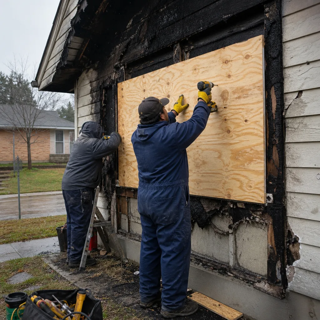 Workers performing fire damage restoration by boarding up a burned exterior wall.