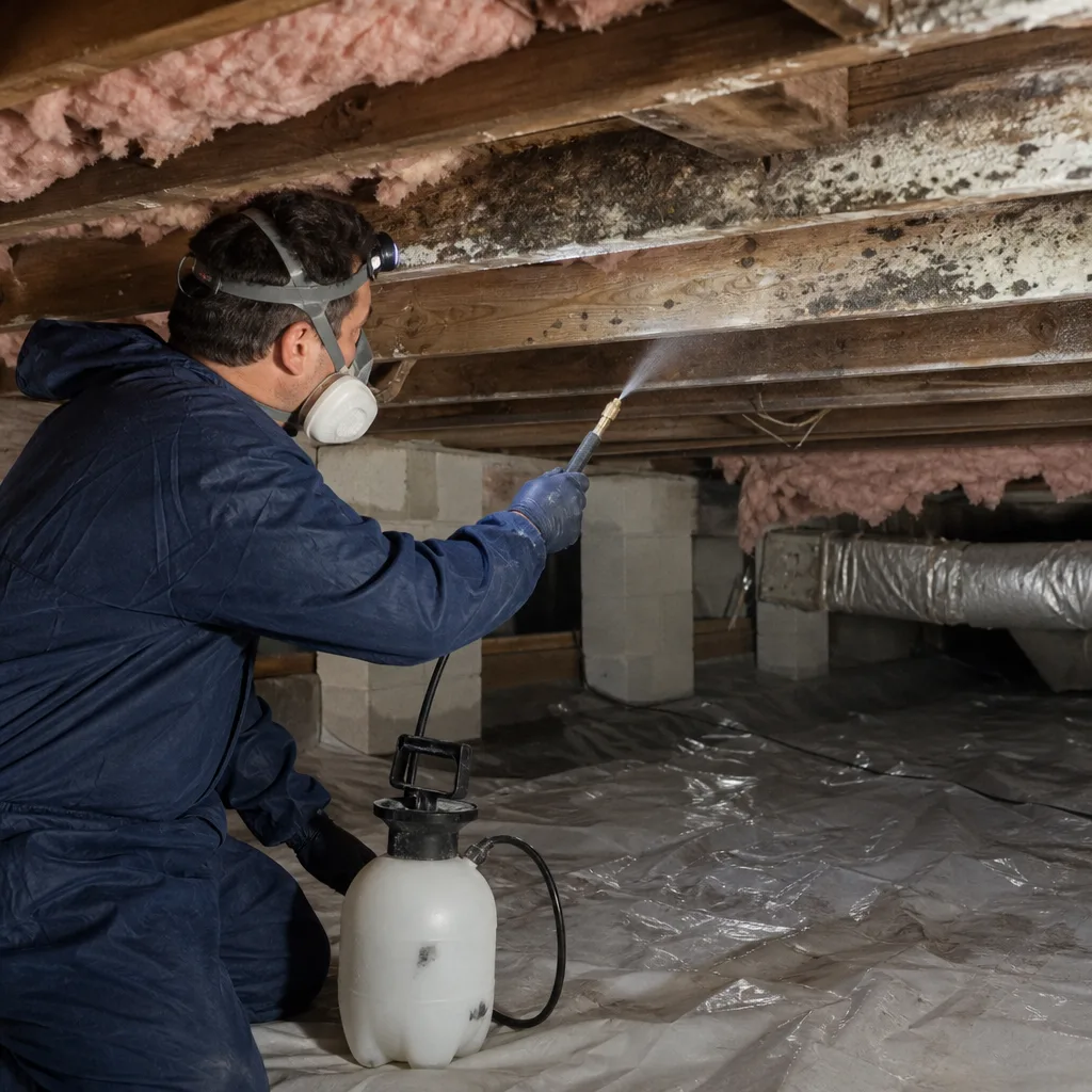 Professional technician performing mold remediation on crawl space wooden joists