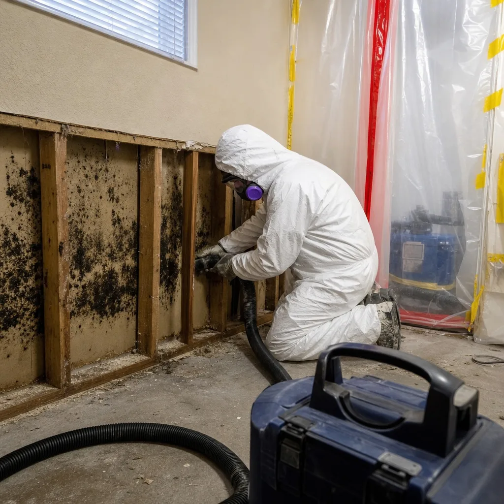 Technician in protective suit performing professional mold remediation on wall studs