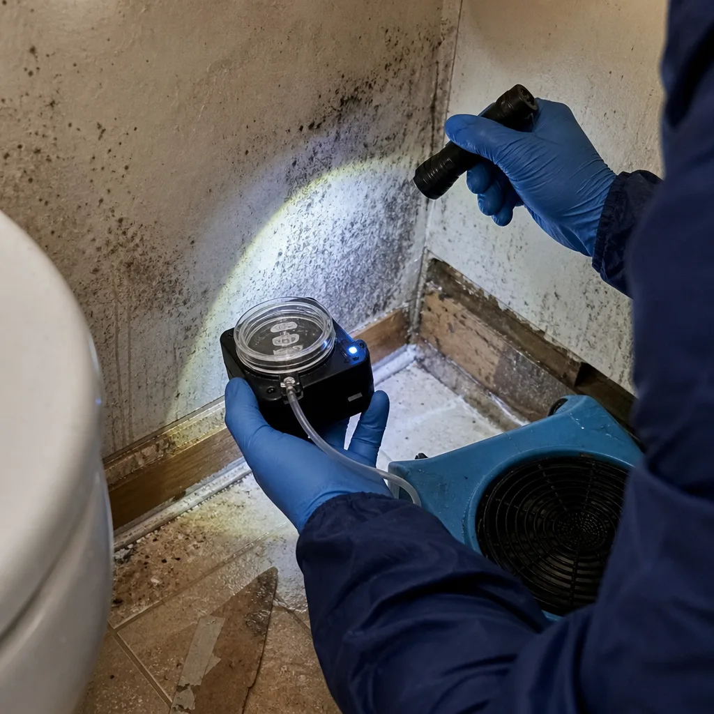 Professional mold remediation specialist inspecting bathroom wall damage with testing equipment